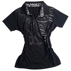 Unbranded Polo Shirt Womens Small Black Excellent Y2K Graphic Leopard Print Top
